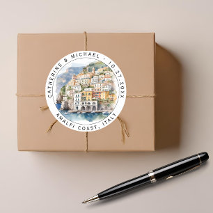 Amalfi Coast Italië Waterverf Bestemming Bruiloft Ronde Sticker