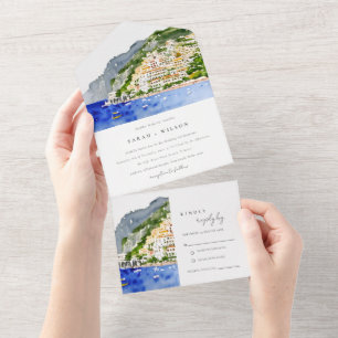 Amalfi Coast Italy Waterverf Landscape Weddenschap All In One Uitnodiging