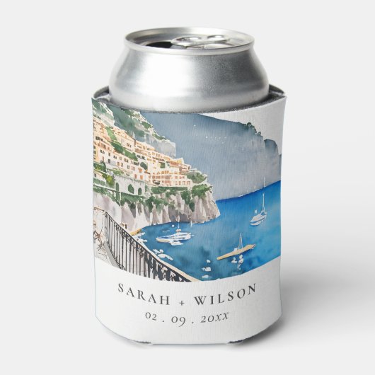 Amalfi Coast Italy Waterverf Landscape Weddenschap Blikjeskoeler (Blikje Voorkant)