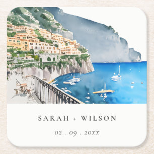 Amalfi Coast Italy Waterverf Landscape Weddenschap Vierkante Kartonnen Onderzetter