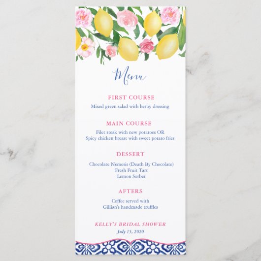 Amalfi Coast Lemons Blue White Tiles Baby shower Menu (Voorkant)