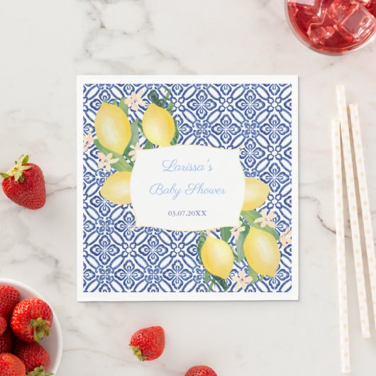 Amalfi Coast Lemons Italiaans blauw Tegels Baby sh Servet (Insitu)