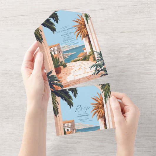 Amalfi Coast | Mediterrane Tegels bruiloft All In One Uitnodiging (Afscheurbaar)