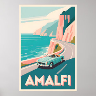 Amalfi Coast Retro Reizen: Flat Vector Art Poster