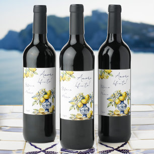 Amalfi Italiaans blauw tegels citroenen bruiloft Wijn Etiket