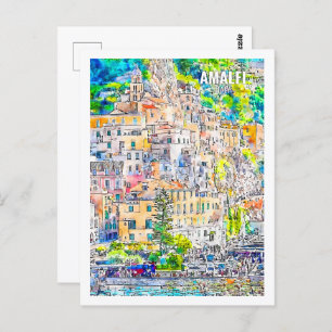 Amalfi Italië Beroemde Travel Waterverf Sketch Briefkaart