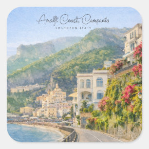Amalfi Kust Aquarel Romantisch Reis Souvenir Vierkante Sticker