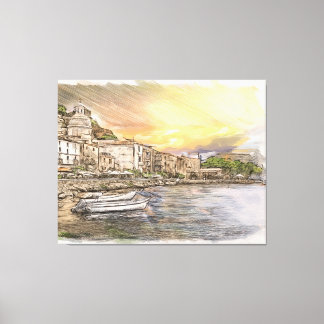 Amalfi-kust dorpsschets met boten bij zonsondergan canvas afdruk