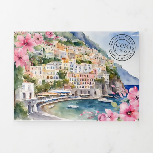 Amalfi Kust Italië Aquarel Bestemming Trouwen Drieluik Uitnodiging (Cover)