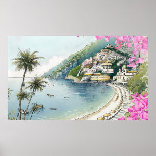 Amalfi-kust watercolor kunstprint poster