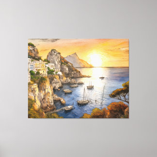 Amalfi-kust zonsondergang illustreert kustdorp canvas afdruk