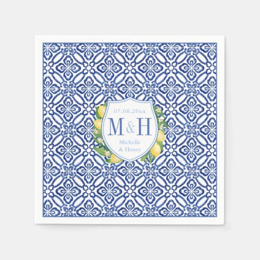 Amalfi Lemons Blauwe Tegel Monogram Bruiloft Servet (Voorkant)