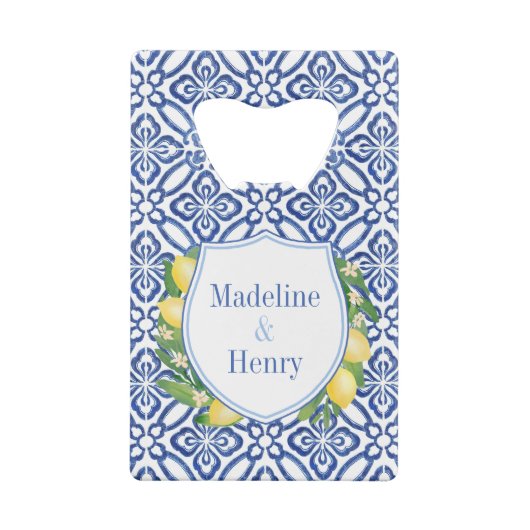 Amalfi Lemons Blue Tegels Weddenschap Monogram Fav Kredietkaart Flessenopener (Achterkant)