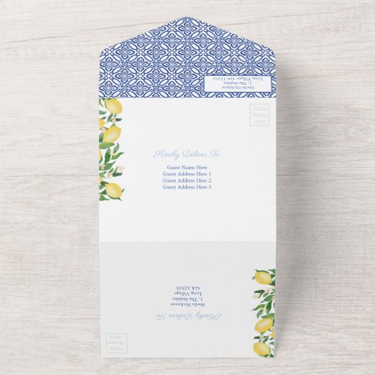 Amalfi Lemons  Blue White Tegels Weddenschap All In One Uitnodiging (Buitenkant)