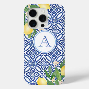 Amalfi Lemons Monogram Blue White Italiaanse tegel iPhone 15 Pro Case