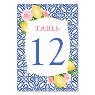 Amalfi Lemons Roze Bloemen Blauwe Tegels Bruiloft Kaart