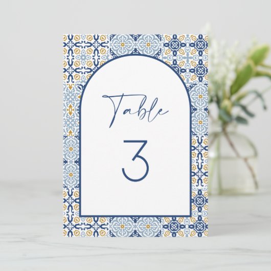 Amalfi Mediterranean Blue Tile Table Number Kaart (Staand voorkant)
