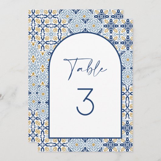 Amalfi Mediterranean Blue Tile Table Number Kaart (Voorkant / Achterkant)