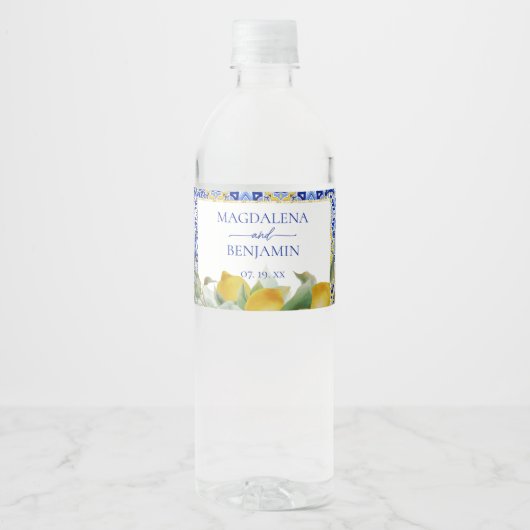 Amalfikust Italiaans Blauw Tegels Citroenen Trouwe Waterfles Etiket (Voorkant)