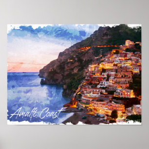 Amalfikust Italië Waterverf Kust Positano Poster