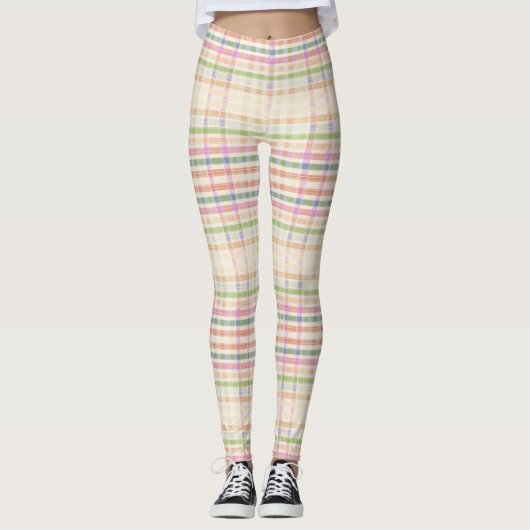 Amandelcrème Leggings met Pink Plaid (Voorkant)