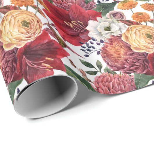 Amaryllis en Chrysanten Bloemenpatroon Cadeaupapier (Rol Hoek)