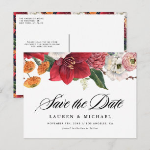 Amaryllis en Herfst Bloemen QR Code Save the Date Aankondigingskaart