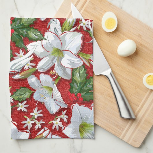 Amaryllis & Holly Rode Kerstmis Theedoek (Quarter Fold)