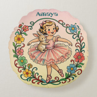 AMAYA ~ Vintage kunstmeisje in tutu met konijn ~ Rond Kussen