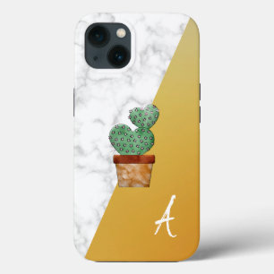 Amazing, Cool, White Marble, Cactus, Gold Monogram iPhone 13 Hoesje