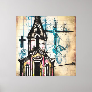 Amazing Pencil Sketch, Church, Jesus on Cross Canvas Afdruk