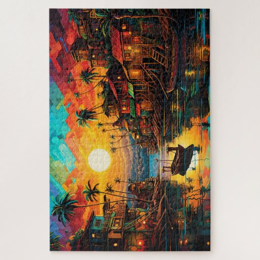 🌅Amazon Vissen Village Sunset Legpuzzel (Verticaal)