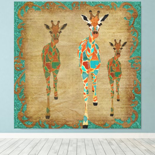 Amber & Azure Giraffes Art Canvas (Insitu (Houten vloer))