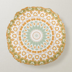 Amber en Olijfgroene Stralende Mandala Patroon Rond Kussen