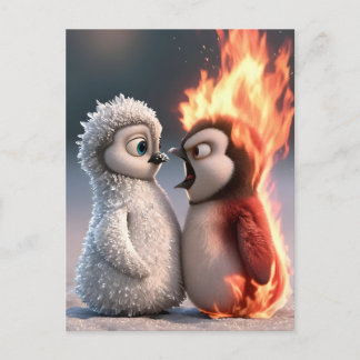 Amber & Frosty Fire and Ice Penguin Poster Briefkaart