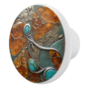 Amber kompas met turquoise punten & zilveren rand keramische knop