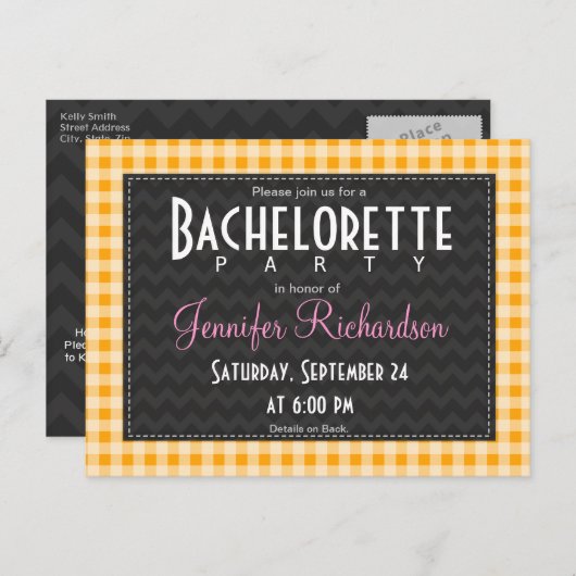 Amber Orange En vichy bachelorette invitation (Devant / Derrière)