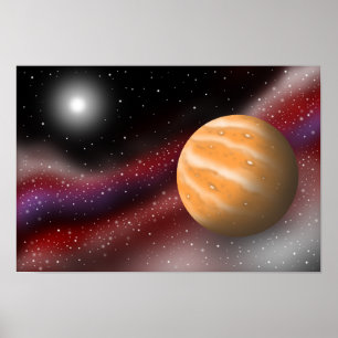 Amber planeten zweven in het sterrenstelsel. poster