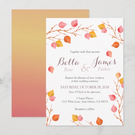 Amber Sky Autumn Leafs Fall Wedding Invitations Kaart (Voorkant / Achterkant)
