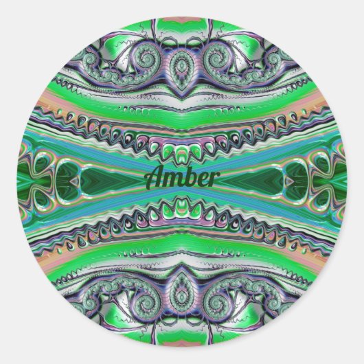 AMBER ~ tinten Groen Blauw Roze Fractal ~ Ronde Sticker (Voorkant)