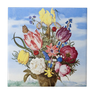 Ambrosius Bosschaert Bouquet op de rand van een ra Tegeltje