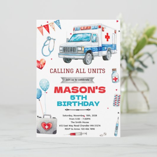 Ambulance party theme invitation (Debout devant)