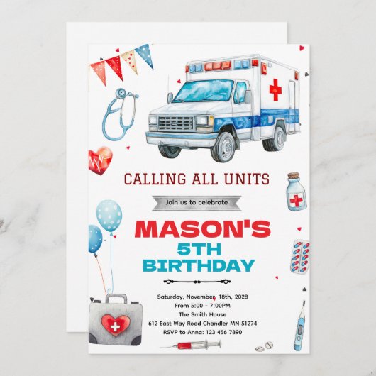 Ambulance party theme invitation (Devant / Derrière)
