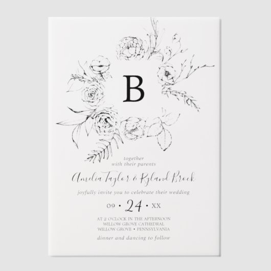 AMELIA Boho Botanisch Monogram Bloemenbruiloft Vellum Uitnodigingen (Voorkant)