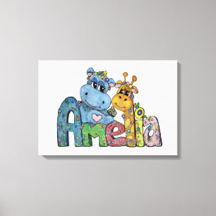 Amelia Canvas Name Art Giraffe Hippo Bedroom Decor Afdruk