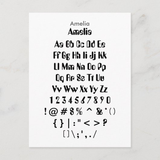 Amelia - Datablad Zazzle-lettertype Briefkaart (Voorkant)