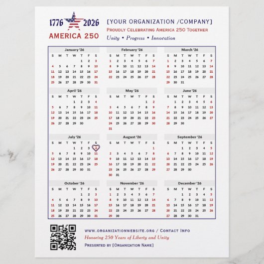 America 250 Patriotic 2026 Kalender Keepsake Flyer (Voorkant)