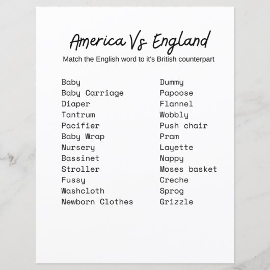 America vs. England Baby shower Game (Voorkant)