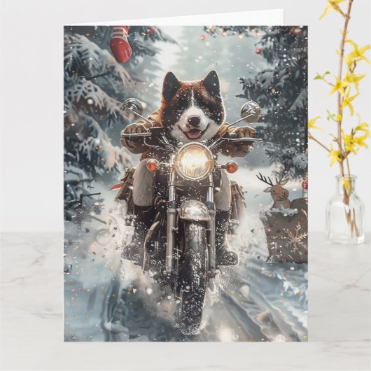 American Akita Hond Rijden Motorfiets Kerstmis Kaart (Gele Bloem)