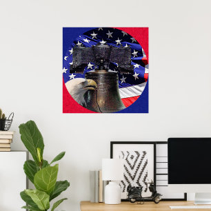 American Bald Eagle, Bell et drapeau Poster Taille
